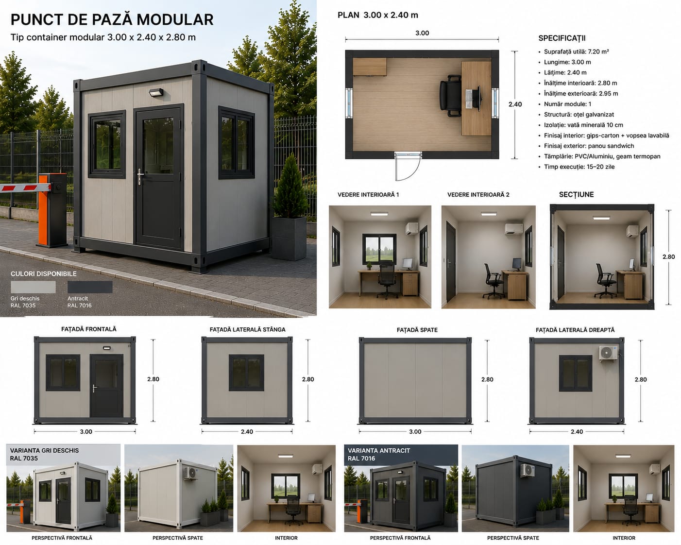 Punct de pază modular gri cu uși duble vitrate și ferestre laterale
